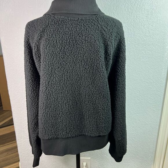PINK Victoria Secret Sherpa Fleece Pullover 3/4 Zip Crop Black Sweater  Sz L - Picture 3 of 10